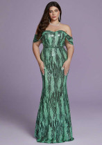Women Plus Size Green Off Shoulder Mermaid Formal Party Evening Dress