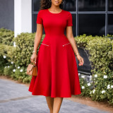 Women Chic Elegant Round Neck Slim Waist Slim Fit Solid Color Dress