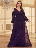 Women Plus Size Chic Luxury Purple Sequin Evening Gown Dress