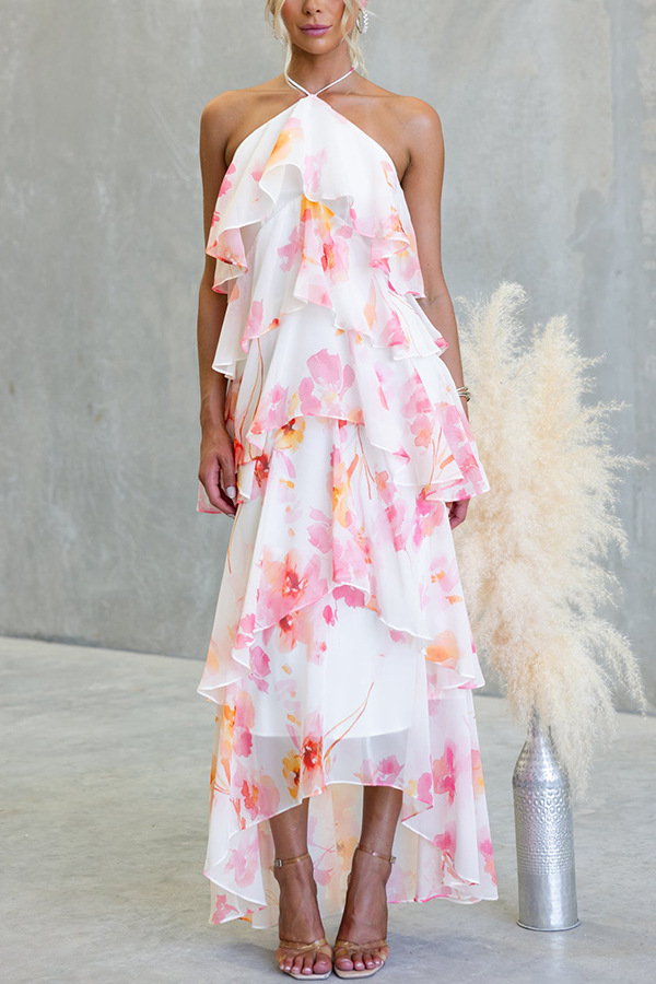 Layered Chiffon Printed Lace-Up Dress for Spring/Summer Holidays