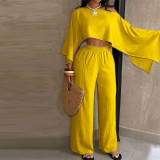 Women Fashion Sexy Beach Holiday Slash Shoulder Top with Elastic Waist Pocket Pants Set