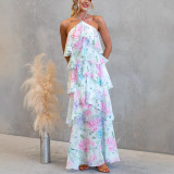 Women Spring Summer Layered Chiffon Printed Lace-Up Holiday Dress