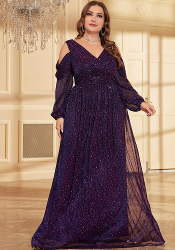 Women Plus Size Chic Luxury Purple Sequin Evening Gown Dress