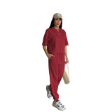 Women Spring Summer Casual Solid Color Turndown Collar Short Sleeve Top with Tight Pants Set