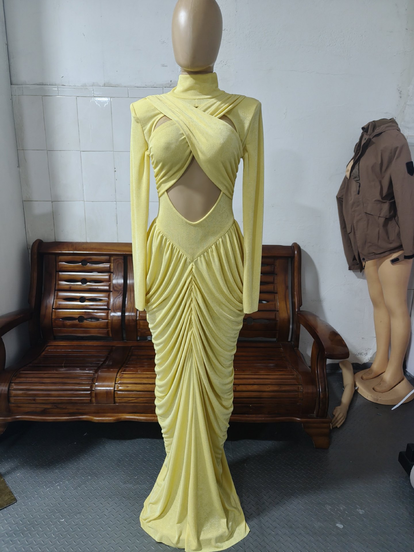 Solid Long Sleeve Stand Collar Hollow Ruched Maxi Dress