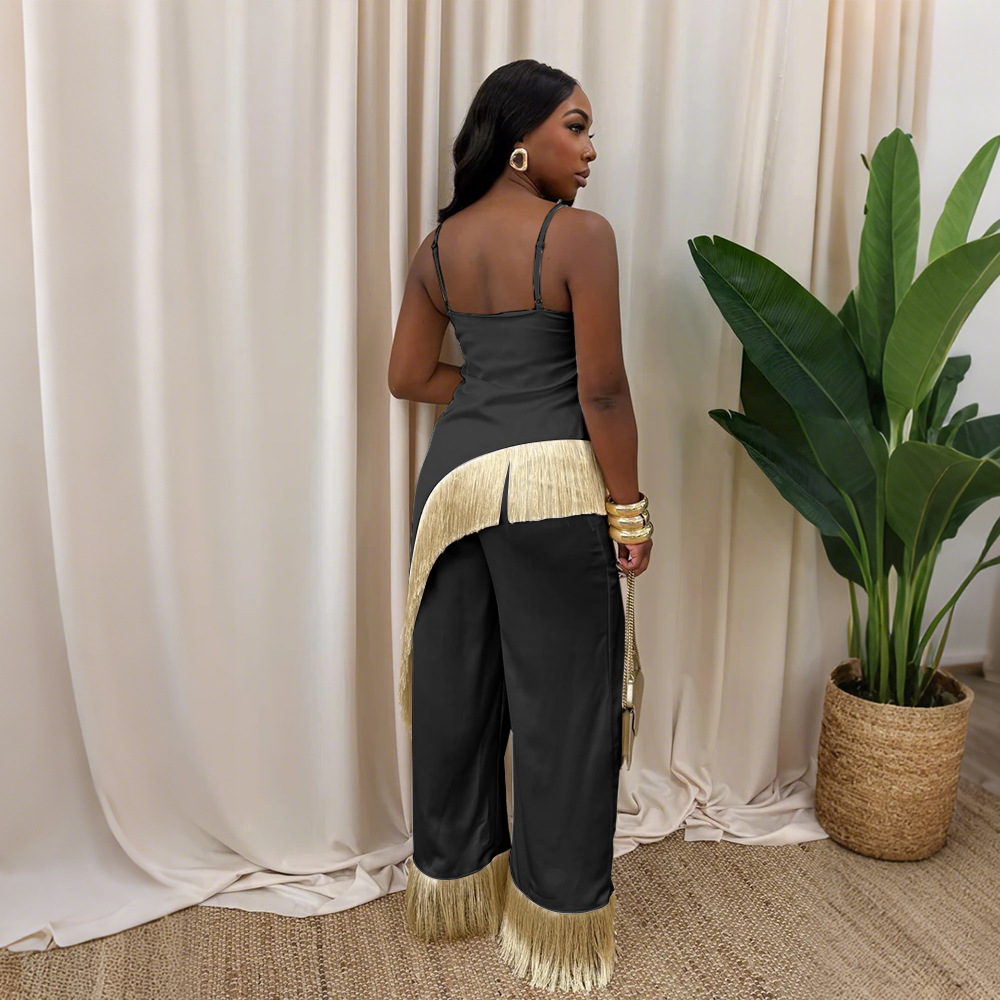 Fringe Camisole Top & Loose Wide Leg Pants Two-Piece Set