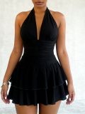 Women Sexy V Neck Printed Halter Neck Lace-Up Mini Dress