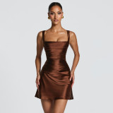 Women Spring Sexy Fashion Low Back Square Neck Ruched Short Dress