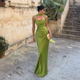 Women Spring Chic Fashion Square Neck Low Back Ruched Slim Fit Evening Dress