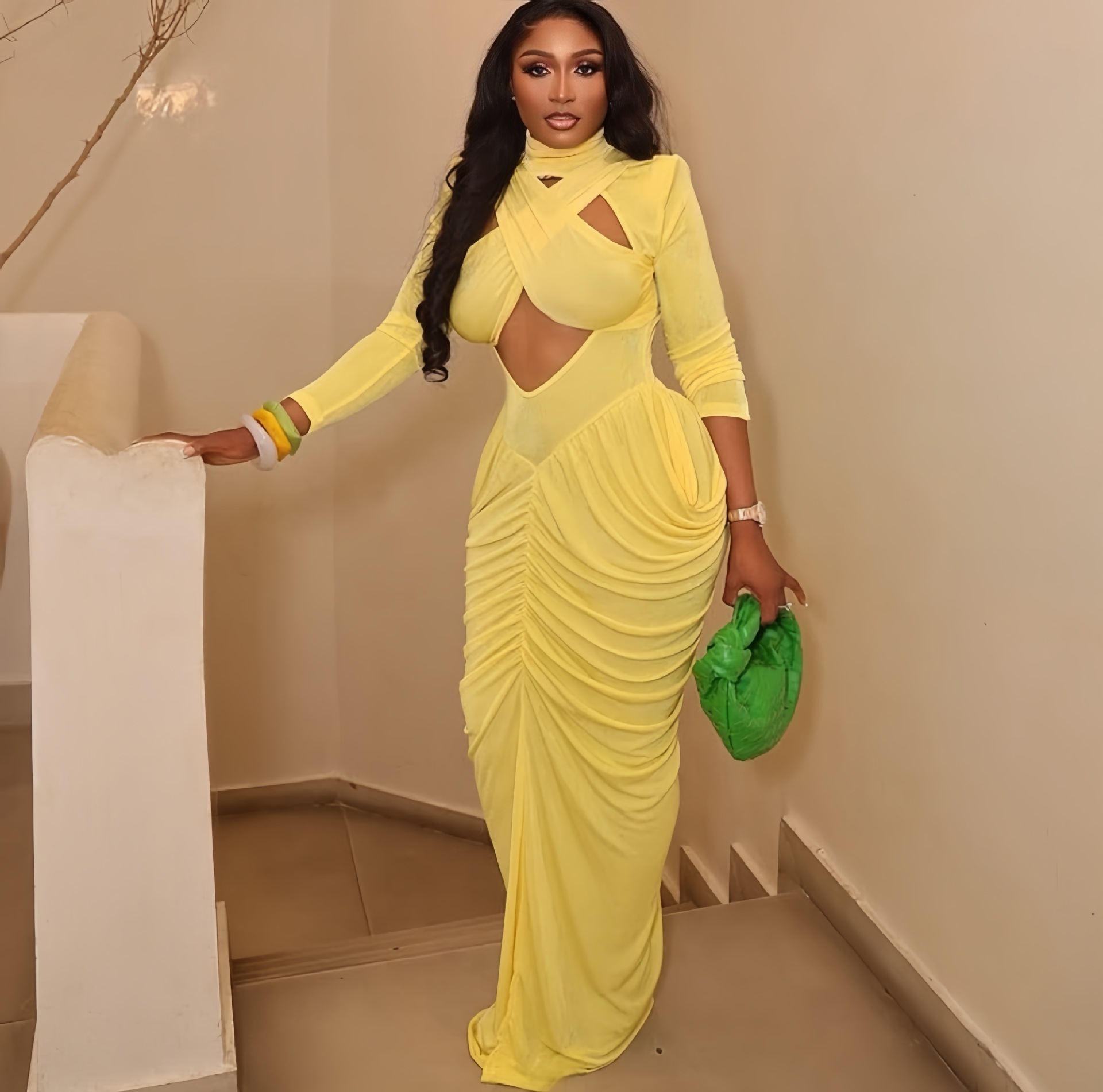 Solid Long Sleeve Stand Collar Hollow Ruched Maxi Dress