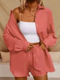 Women Spring Casual Solid Shirt and Shorts Set