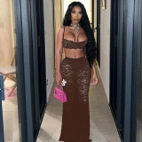 Copy Summer Women sexy hollow strap top and solid lace skirt two-piece suit