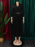 Women Summer Fashion Chic Pleated Solid Color Turndown Collar Long Sleeve High Waist African Dress