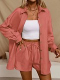 Women Spring Casual Solid Shirt and Shorts Set
