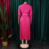 Women Summer Fashion Chic Pleated Solid Color Turndown Collar Long Sleeve High Waist African Dress
