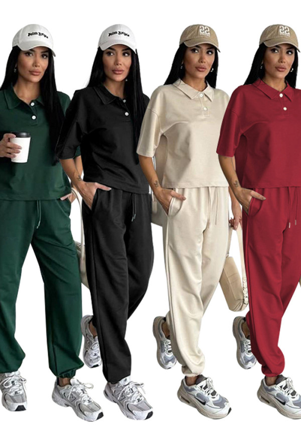 Women Spring Summer Casual Solid Color Turndown Collar Short Sleeve Top with Tight Pants Set