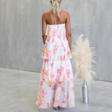 Women Spring Summer Layered Chiffon Printed Lace-Up Holiday Dress