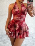 Women Sexy V Neck Printed Halter Neck Lace-Up Mini Dress