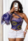 Women One Shoulder Ruffle Printed Short Top Slash Shoulder Vest