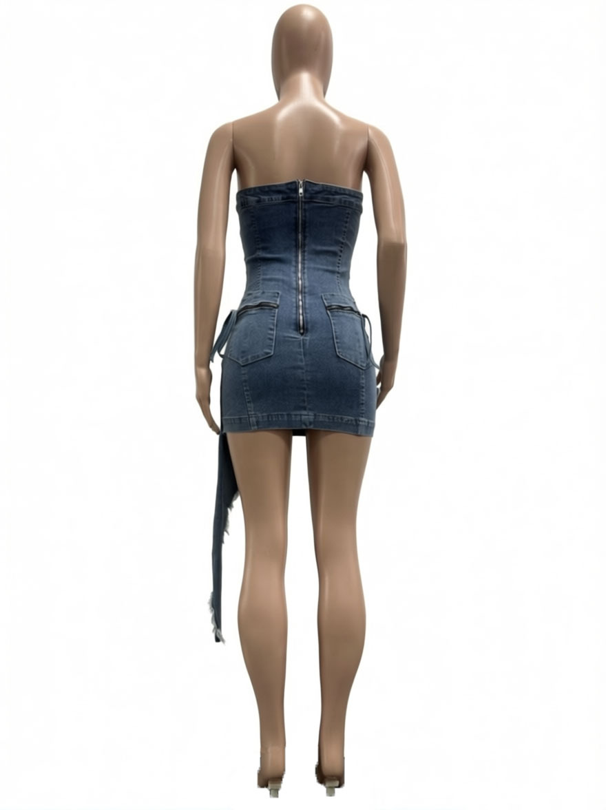 Strapless Irregular Zipper Lace-Up Multi-Pocket Denim Bodycon Dress