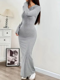 Women Spring Solid Color Side Slit Hooded Long Sleeve Bodycon Long Dress