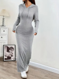 Women Spring Solid Color Side Slit Hooded Long Sleeve Bodycon Long Dress