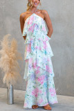 Women Spring Summer Layered Chiffon Printed Lace-Up Holiday Dress