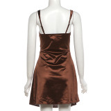 Women Spring Sexy Fashion Low Back Square Neck Ruched Short Dress