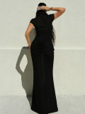 Women Spring Sexy Slim Fit Stand Collar Button Short Sleeve Bodycon Long Dress