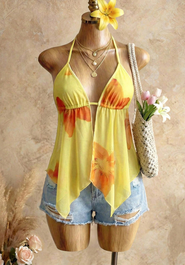 Women Holiday Style Printed Low Back Halter Neck Lace-Up Camisole Top