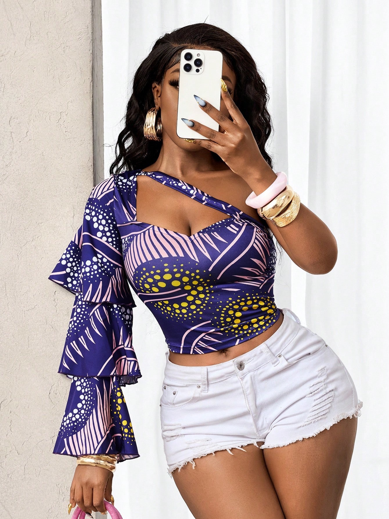 One-Shoulder Ruffle Printed Short Crop Top Vest