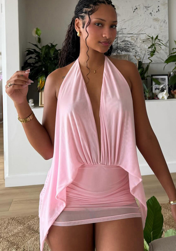 Women Spring Sexy Deep V Halter Neck Low Back Mesh Bodycon Mini Dress