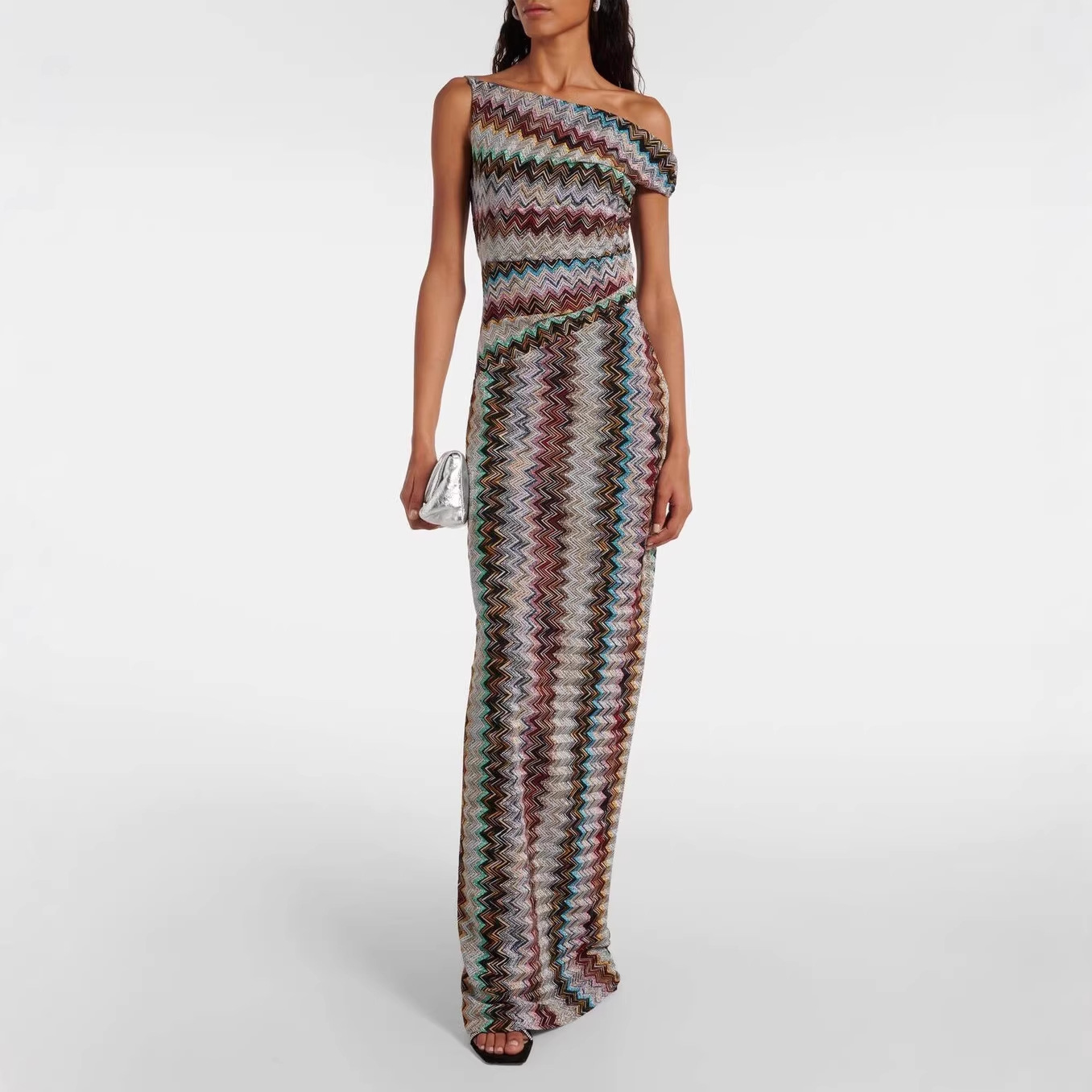 Slash Shoulder Knitted Print Dress for Spring/Summer Holidays