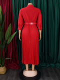 Women Summer Fashion Chic Pleated Solid Color Turndown Collar Long Sleeve High Waist African Dress