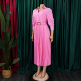 Women Summer Fashion Chic Pleated Solid Color Turndown Collar Long Sleeve High Waist African Dress