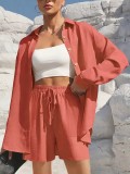 Women Spring Casual Solid Shirt and Shorts Set