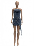 Women Sexy Strapless Irregular Zipper Lace-Up Multi-Pocket Stretch Washed Denim Bodycon Dress
