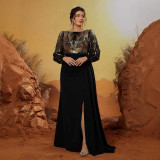 Women Plus Size Elegant Sequin Round Neck Long Sleeve Formal Party Gown Dress