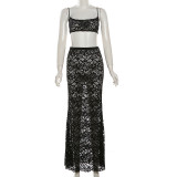 Copy Summer Women sexy hollow strap top and solid lace skirt two-piece suit