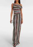 Women Spring Summer Casual Holiday Slash Shoulder Knitted Print Dress