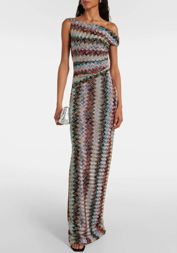 Women Spring Summer Casual Holiday Slash Shoulder Knitted Print Dress