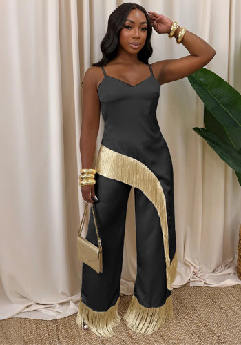 Women Fringe Camisole Top with Loose Wide Leg Pants Two-Piece Set