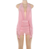 Women Spring Sexy Deep V Halter Neck Low Back Mesh Bodycon Mini Dress