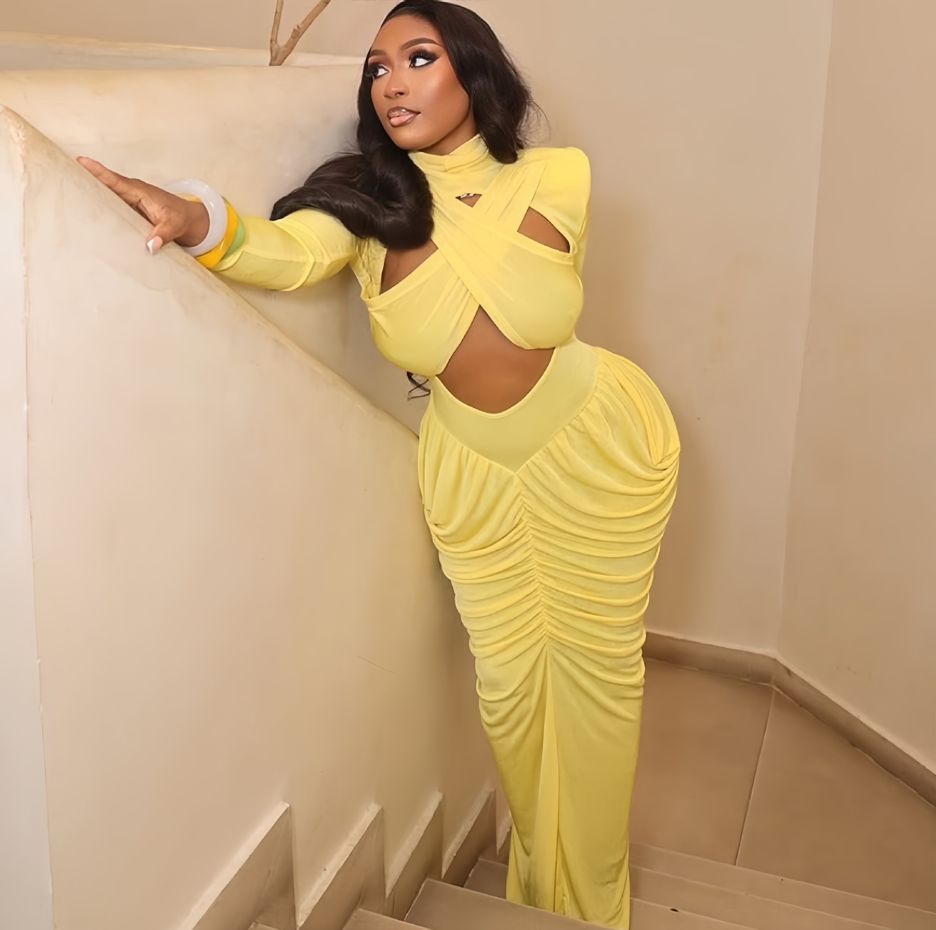 Solid Long Sleeve Stand Collar Hollow Ruched Maxi Dress