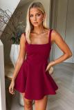 Women Summer Chic Slim Waist Sleeveless Solid Color Mini Dress