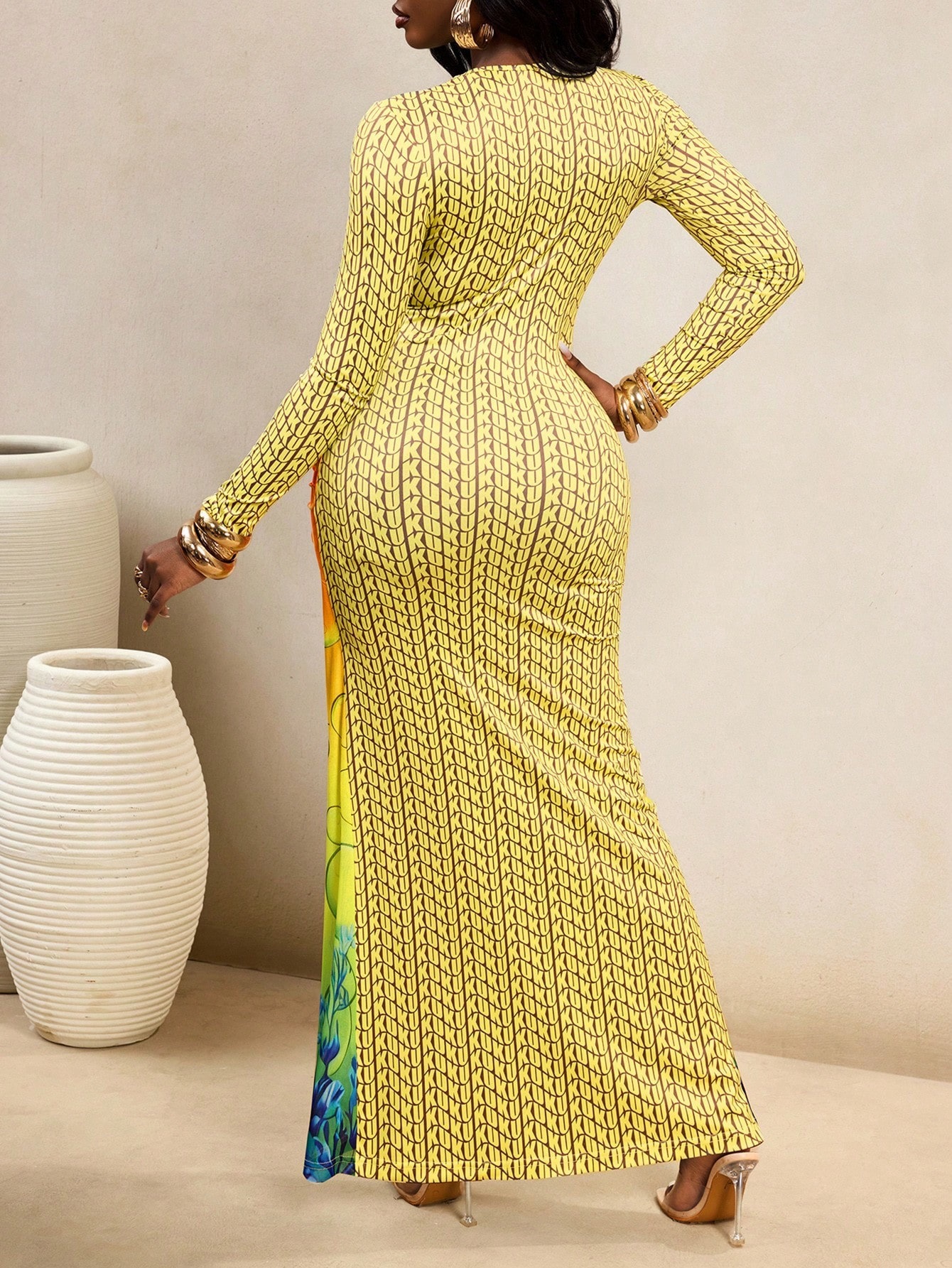 Printed Round Neck Long Sleeve Split Bodycon Dress