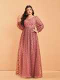 Women Plus Size Luxury Long Sleeve Sequin Formal Party Evening Gown Dress