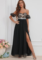 Women Elegant Strap Lantern Sleeve Sequin Embroidery Chiffon Split Dress