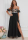 Women Elegant Strap Lantern Sleeve Sequin Embroidery Chiffon Split Dress