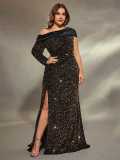 Women Plus Size Chic Slim Fit Off Shoulder Sequin Evening Gown Dress